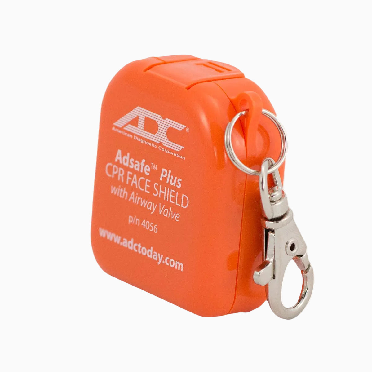 Bright orange CPR Micro Face Shield Key Chain with airway valve, featuring compact protective case, metal clip attachment, and white ADC logo and text printed on surface