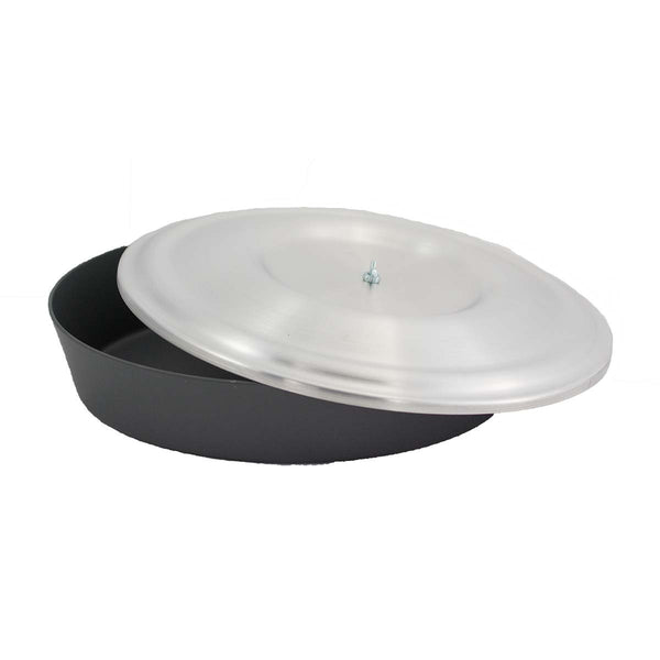 Expedition Fry-Bake pan with aluminum lid shown against white background, featuring a black non-stick cooking surface and silver-colored domed lid with wing nut fastener, 10.5-inch diameter camping cookware