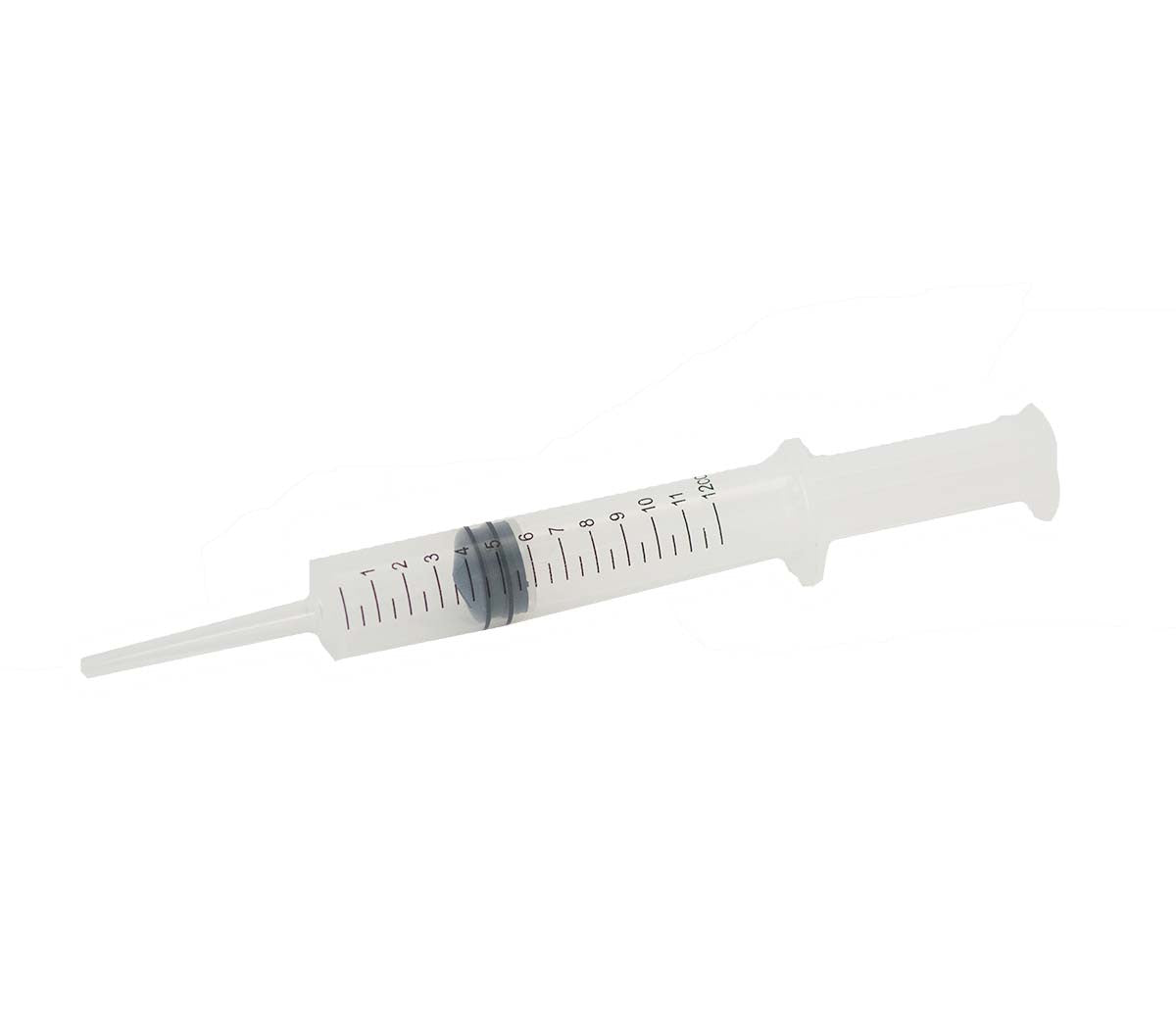 Irrigation Syringe 12cc with clear plastic barrel, measurement markings, and extended tip nozzle for precise wound cleaning and debris removal in wilderness first aid applications