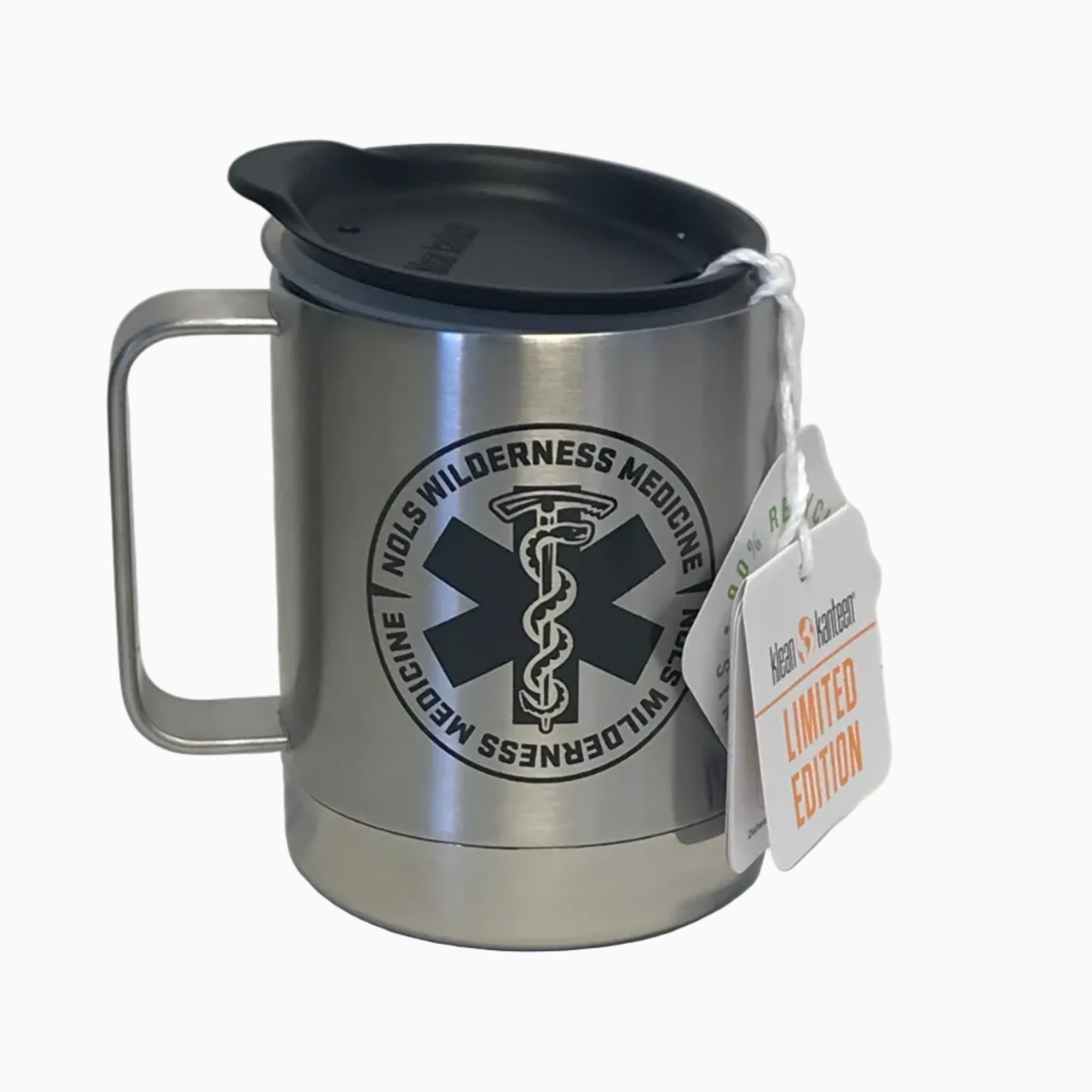 Klean Kanteen Wilderness Medicine Camp Mug in brushed stainless steel with black medical star of life logo, featuring splash-proof lid and sturdy handle. Limited edition tag attached. 12 oz insulated mug shown against white background.